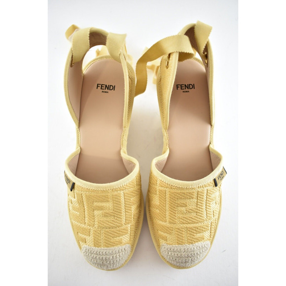 Fendi Roma Natural FF Logo Ankle Strap Lace Up Sandal Espadrille Wedge Heel 41 - Picture 7 of 12